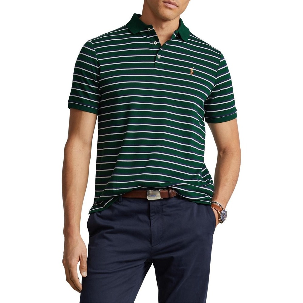 Polo Ralph Lauren Mens Green White‎ Striped Short Sleeve Cotton Mesh Polo Shirt